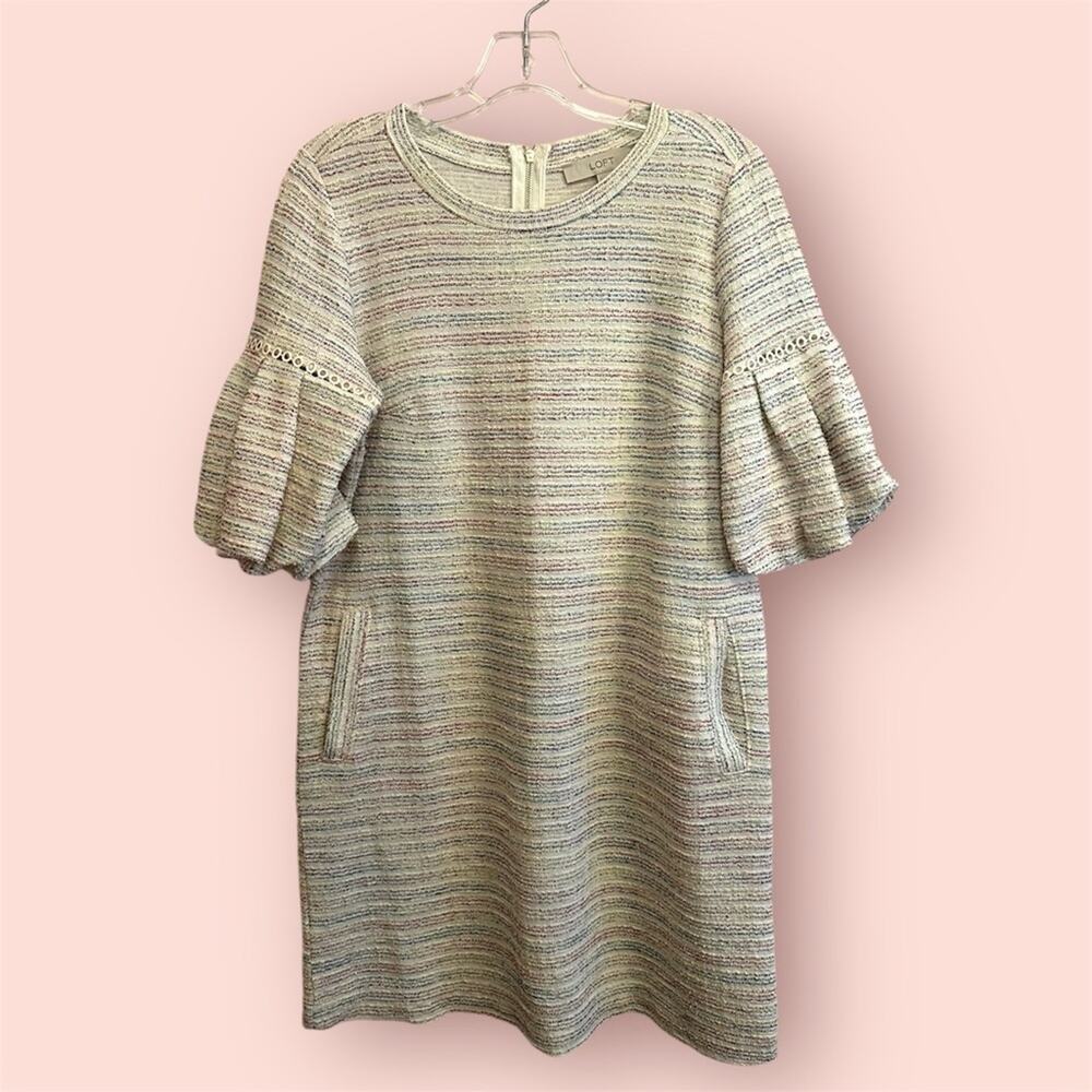 LOFT Balloon Sleeve Striped Colorful Boucle Tweet Shift Dress Small